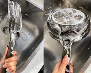 Christina Chrysostomou demonstrating how to clean a non-stick pan