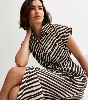 Brown Striped Tie Front Midi Shirt Dress