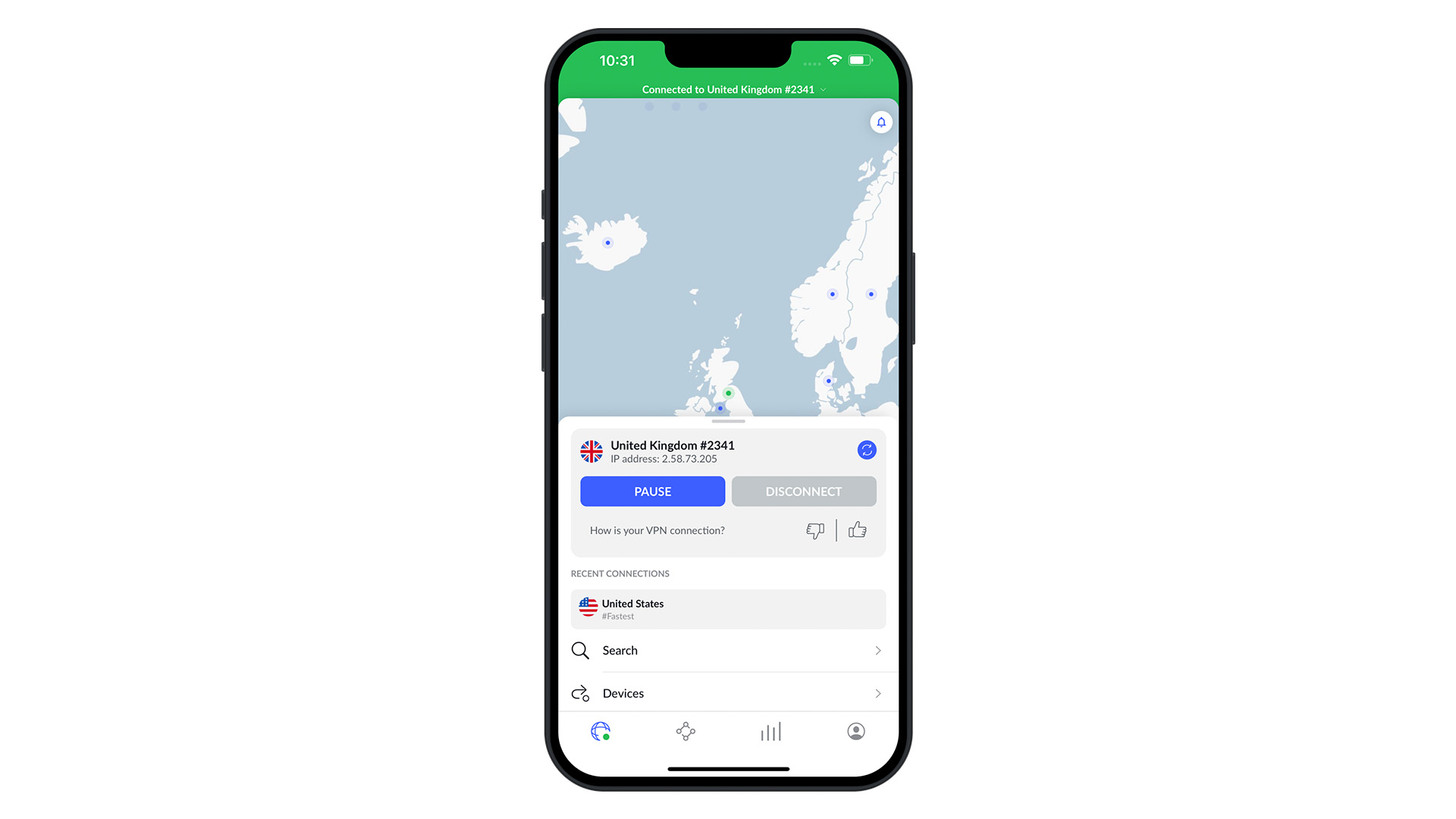 A mobile phone screen showing a NordVPN connection map