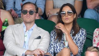 Binky Felstead (R) attends day seven of the Wimbledon Tennis Championships at All England Lawn Tennis and Croquet Club on July 08, 2019 in London, England.