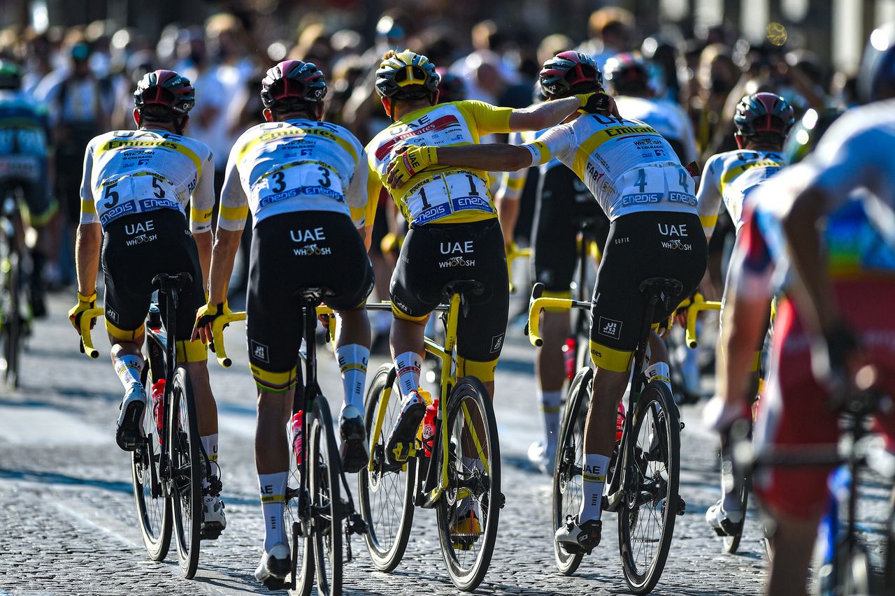 Tour de France 2021 108th Edition 21th stage Chatou Paris Champs Elysees 1084 km 18072021 Tadej Pogacar SLO UAE Team Emirates Rui Costa POR UAE Team Emirates Davide Formolo ITA UAE Team Emirates photo Dario BelingheriBettiniPhoto2021