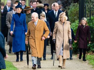 King Charles III, Queen Camilla, Catherine, Princess of Wales, Prince George of Wales, Prince William, Prince of Wales andMia Tindall attend the Christmas Morning Service at Sandringham Church on December 25, 2023 in Sandringham, Norfolk.