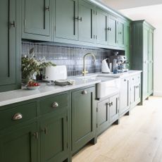Green shaker kitchen on one wall 