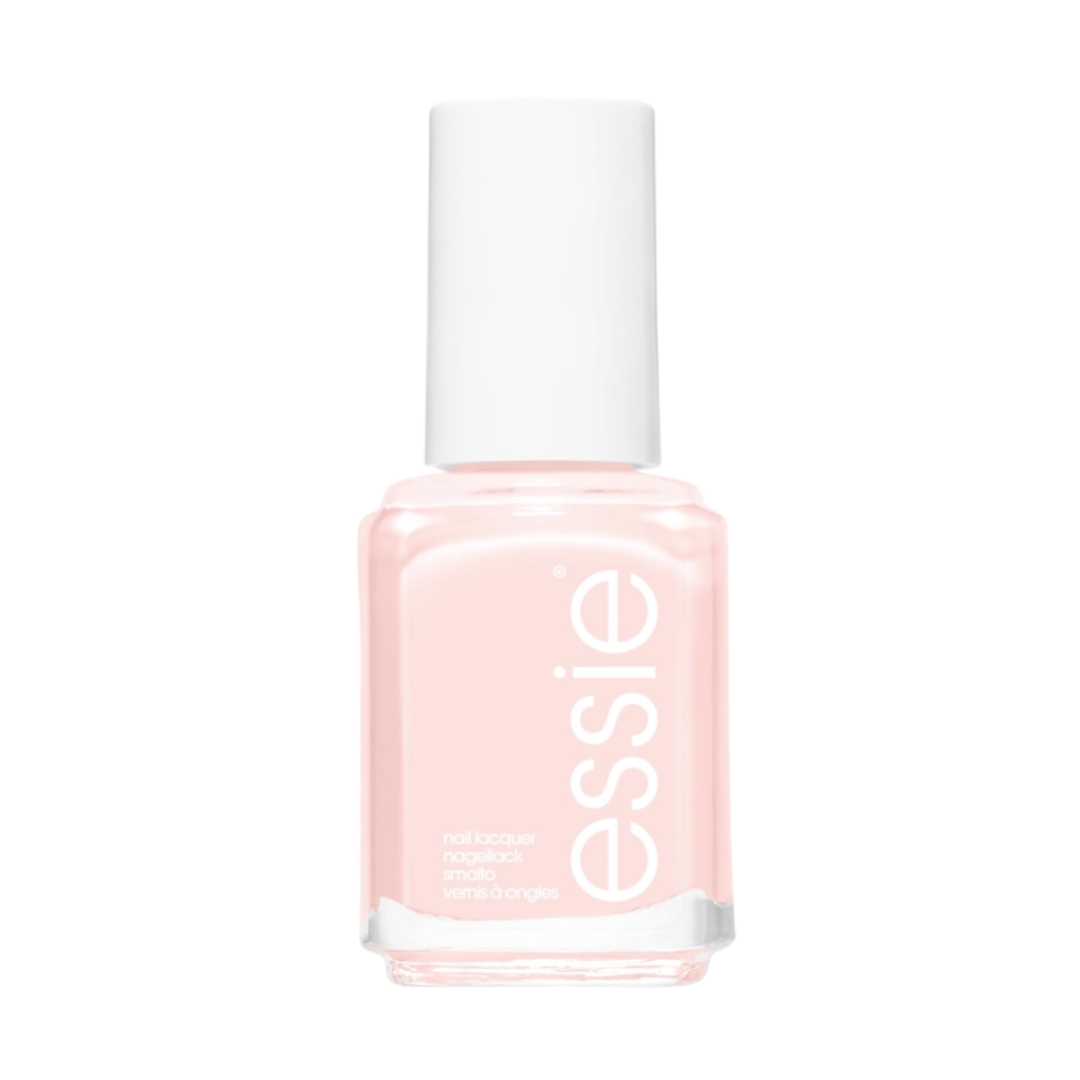 A product shot of Essie Nail Polish in shade 9 Vanity Fairest (a sheer, shimmer pink), pictured on a white background