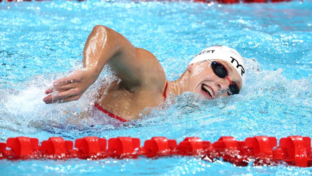 Katie Ledecky of Team USA swims freestyle in the pool at the 2024 Paris Olympic Games.