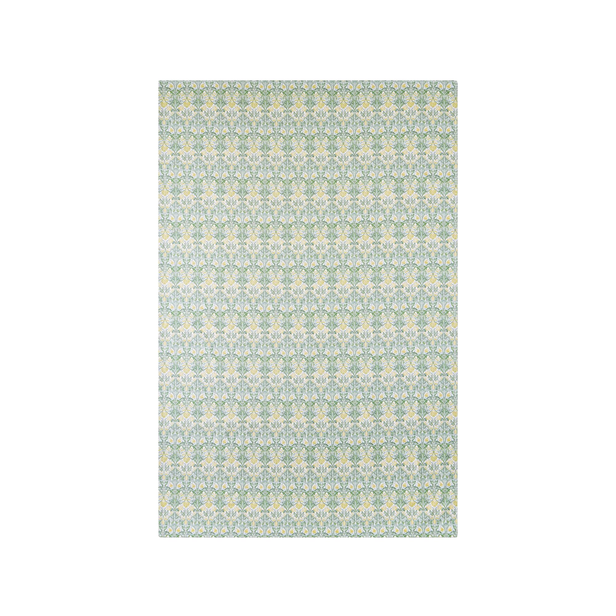 A yellow, blue, and green bluebell-patterned rectangular tablecloth