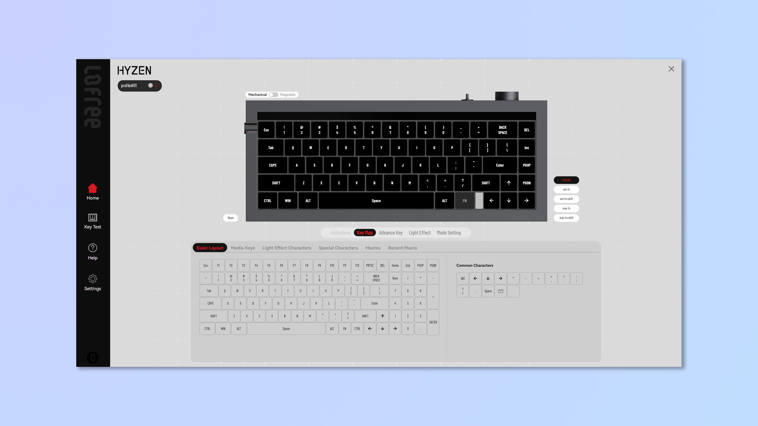 A screenshot of the Lofree Web Hub being used to customize the Lofree Hyzen