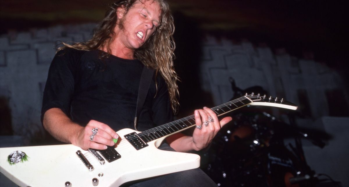 James Hetfield of Metallica plays his white Gibson Explorer, onstage in 1986