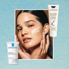 model wearing drugstore moisturizer on a blue background next to two drugstore moisturizer containers