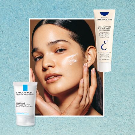 model wearing drugstore moisturizer on a blue background next to two drugstore moisturizer containers