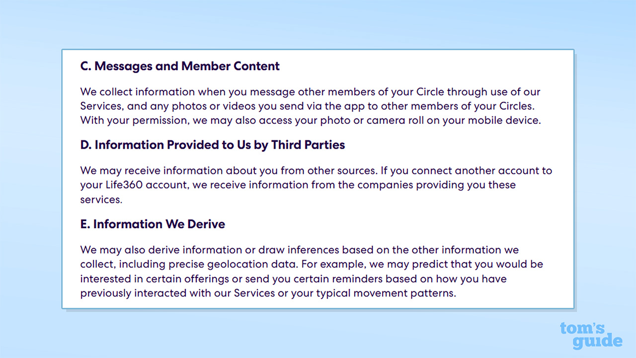 Screenshot of a section of Life360's privacy policy