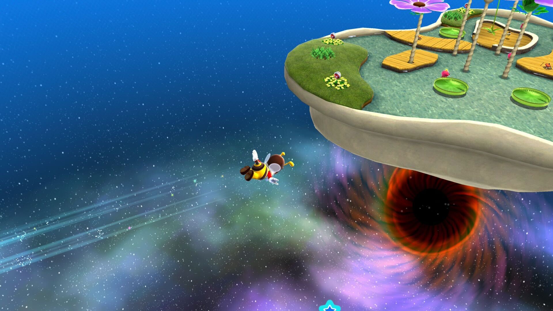 Super Mario Galaxy screenshot of Mario in his bee form flying towards another planet, and a black hole can be seen underneath it