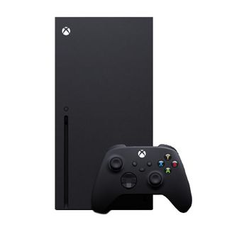 A product image of the black Xbox Series X console and controller on a white background