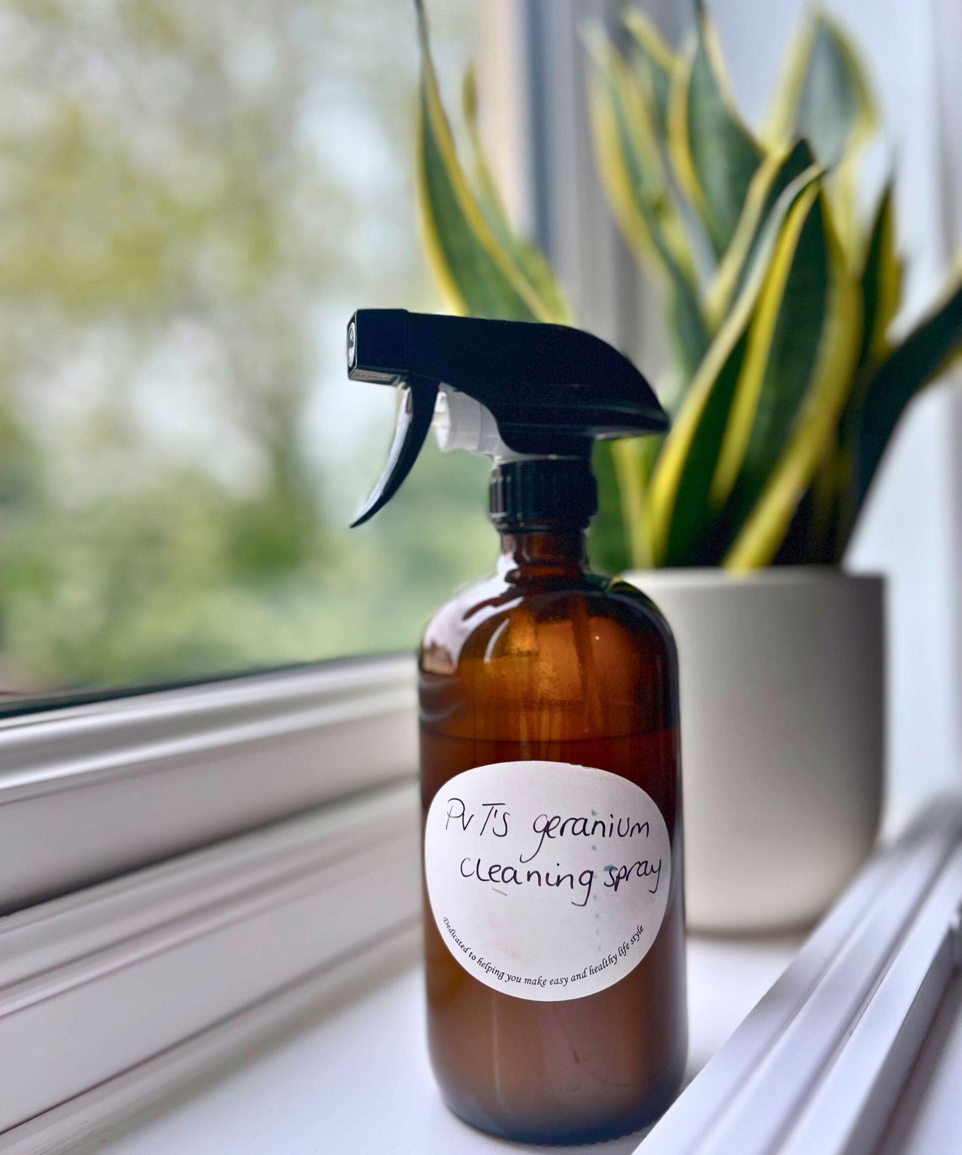 Essential oil window cleaner in amber bottle on white windowsill with snake plant in background