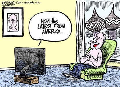Political cartoon U.S. Comey testimony Russia Putin news cycle