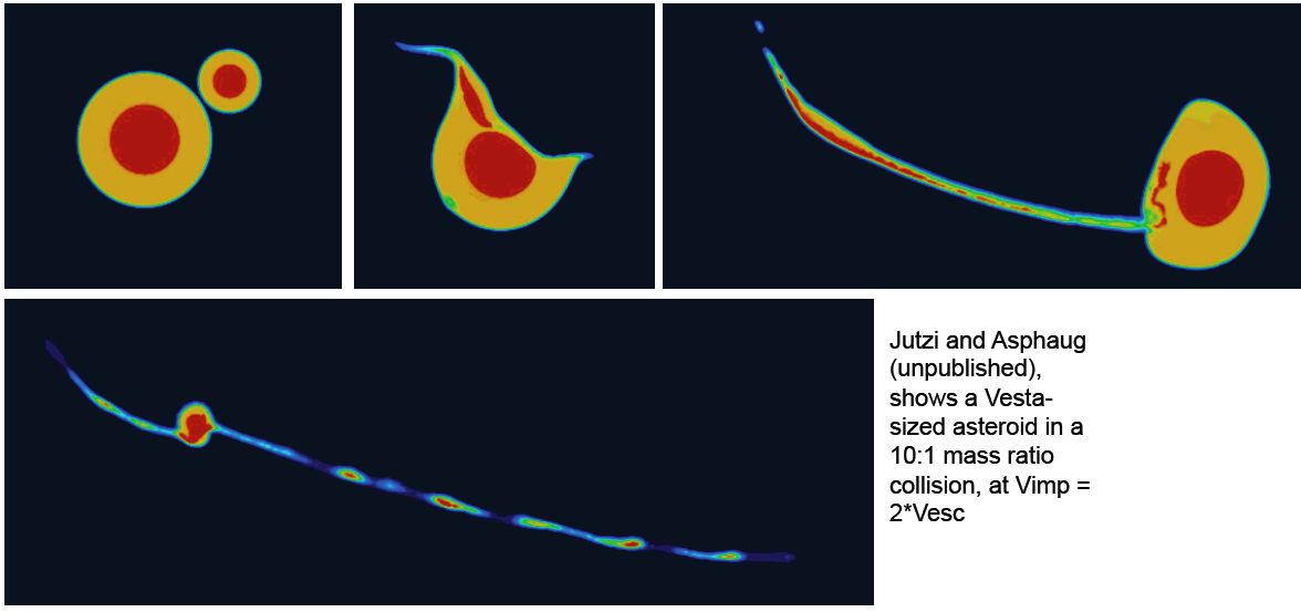 This simulation shows a "hit-and-run" collision between two large asteroids, the kind of impact that could have stripped the rocky layers from the big metal asteroid Psyche, exposing the protoplanet's iron core.
