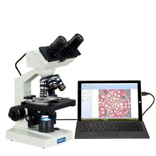 OMAX MD82ES10 40X-2000X Digital LED Compound Microscope connected to a laptop on a white background