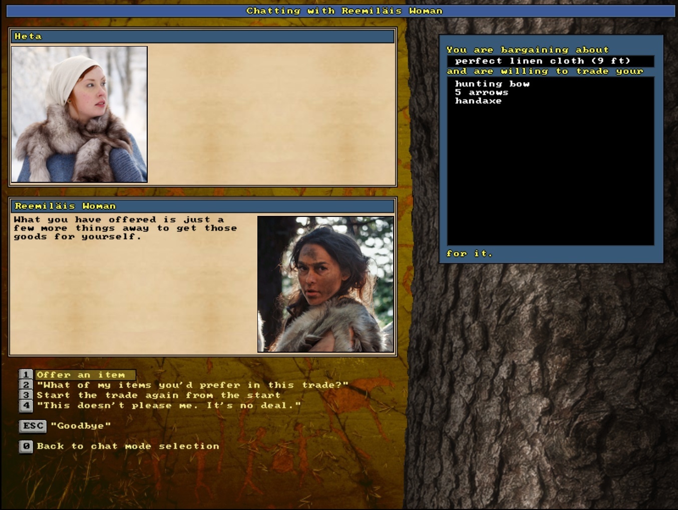 Women bartering over weapons and fabric in a survival game