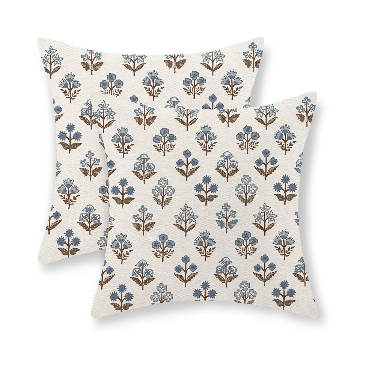 Two neutral cushions with blue and brown pattern