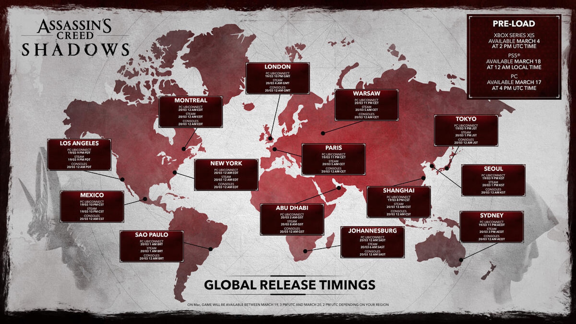 A world map with the AC Shadows pre-load times over each region