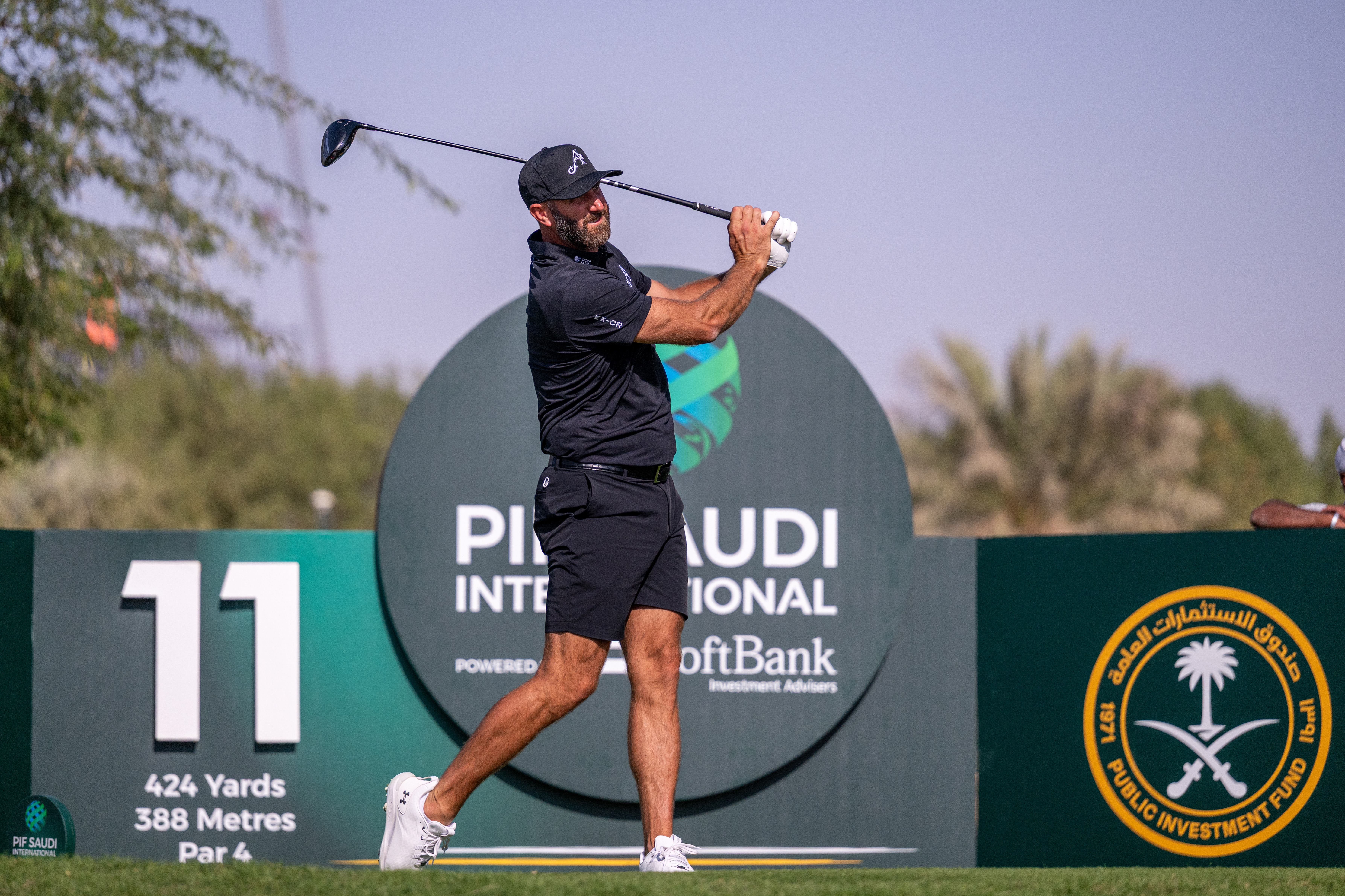 Dustin Johnson playing at the PIF Saudi International powered by Softbank Investment Advisers at Riyandh Golf Club wearing Under Armour golf shoes