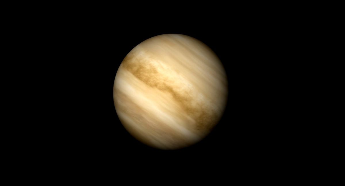 A striped brown sphere against a black background