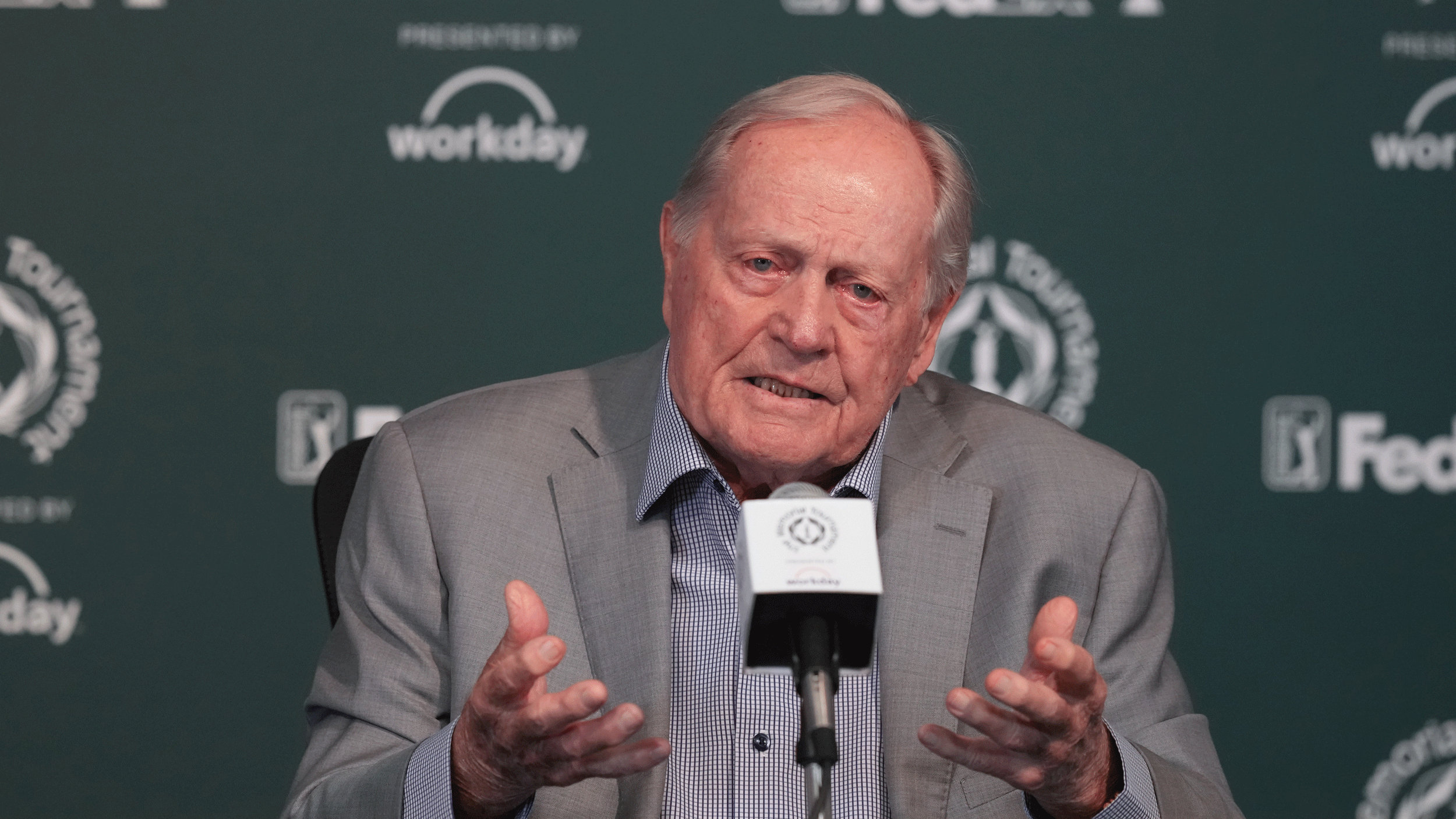 Jack Nicklaus speaks during his pre-tournament press conference ahead of the Memorial Tournament in 2026