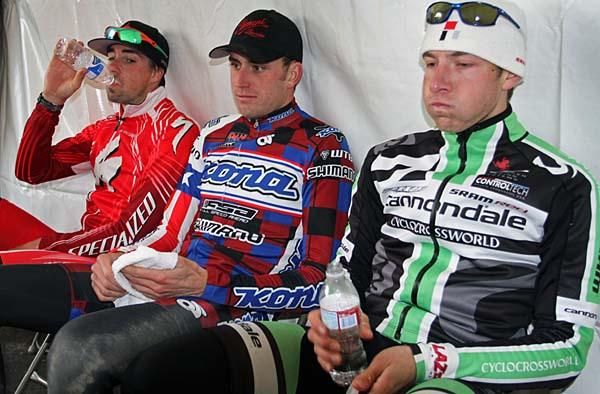 Todd Wells, Ryan Trebon and Jeremy Powers are lost in thought following race and before being called to podium.