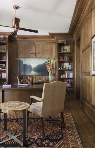 A home office decked out in wood panelling