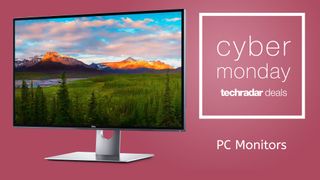 PC monitor on a pink background, with text for the Cyber Monday monitor deals