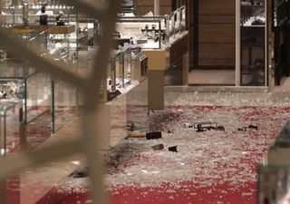 Smashed glass on the floor at Selfridges on Oxford Street