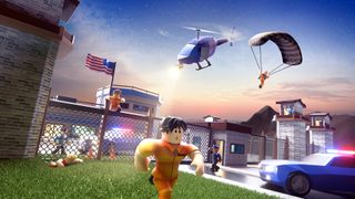 Bästa Roblox-spel: En Roblox-karaktär flyr från ett fängelse, med en helikopter efter sig.