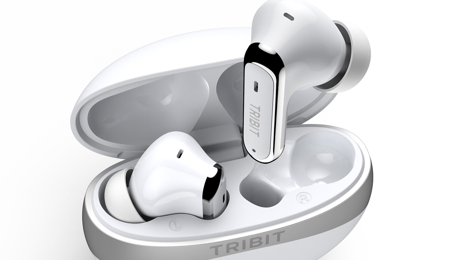 Tribit FlyBuds 3 wireless earbuds in white in their charging case on a white background