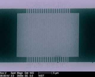 Colorized micrograph of one of the single-photon detectors made of superconducting nanowires patterned on MoSi used in the experiment.