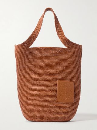 + Paula's Ibiza Slit Embossed Leather-Trimmed Raffia Tote Bag