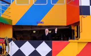 Sir Peter Blake aboard his dazzle ferry during it's maiden voyage