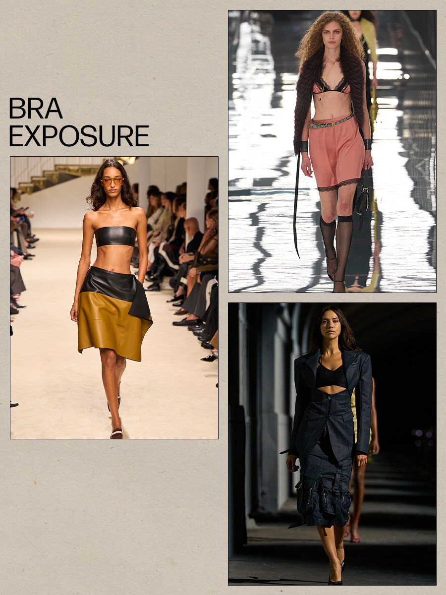 a collage of runway images of the major trends from the Milan Fashion Week spring/summer 2027 shows