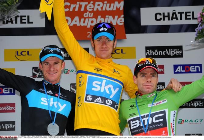 The 2012 Criterium du Dauphine podium with Cadel Evans in the green points jersey