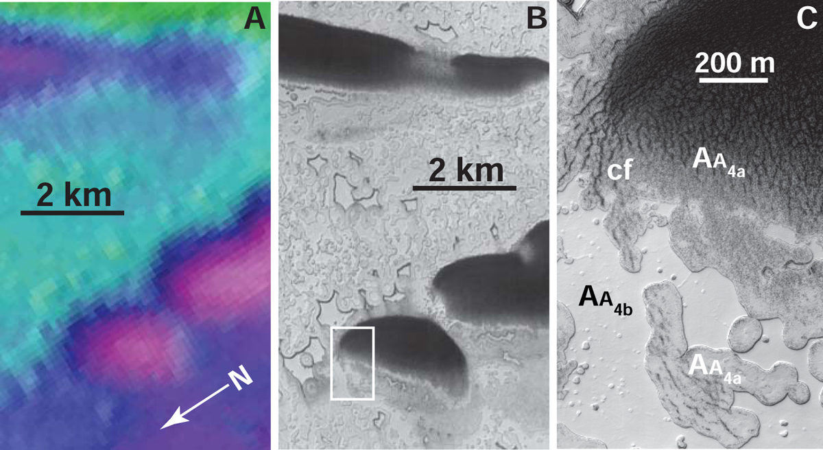 This topographic image of Mars shows part of the carbon dioxide ice sheet at the planet's south pole. In A, the south polar layered deposits reveal troughs in the dry ice that are associated with circular pits shown in image B, which are thinly buried by Mars' south pole residual cap material shown in image C.