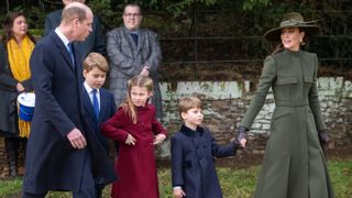 Prince William, Prince of Wales, Prince George, Princess Charlotte, Prince Louis and Catherine, Princess of Wales attend the Christmas Day service at Sandringham Church