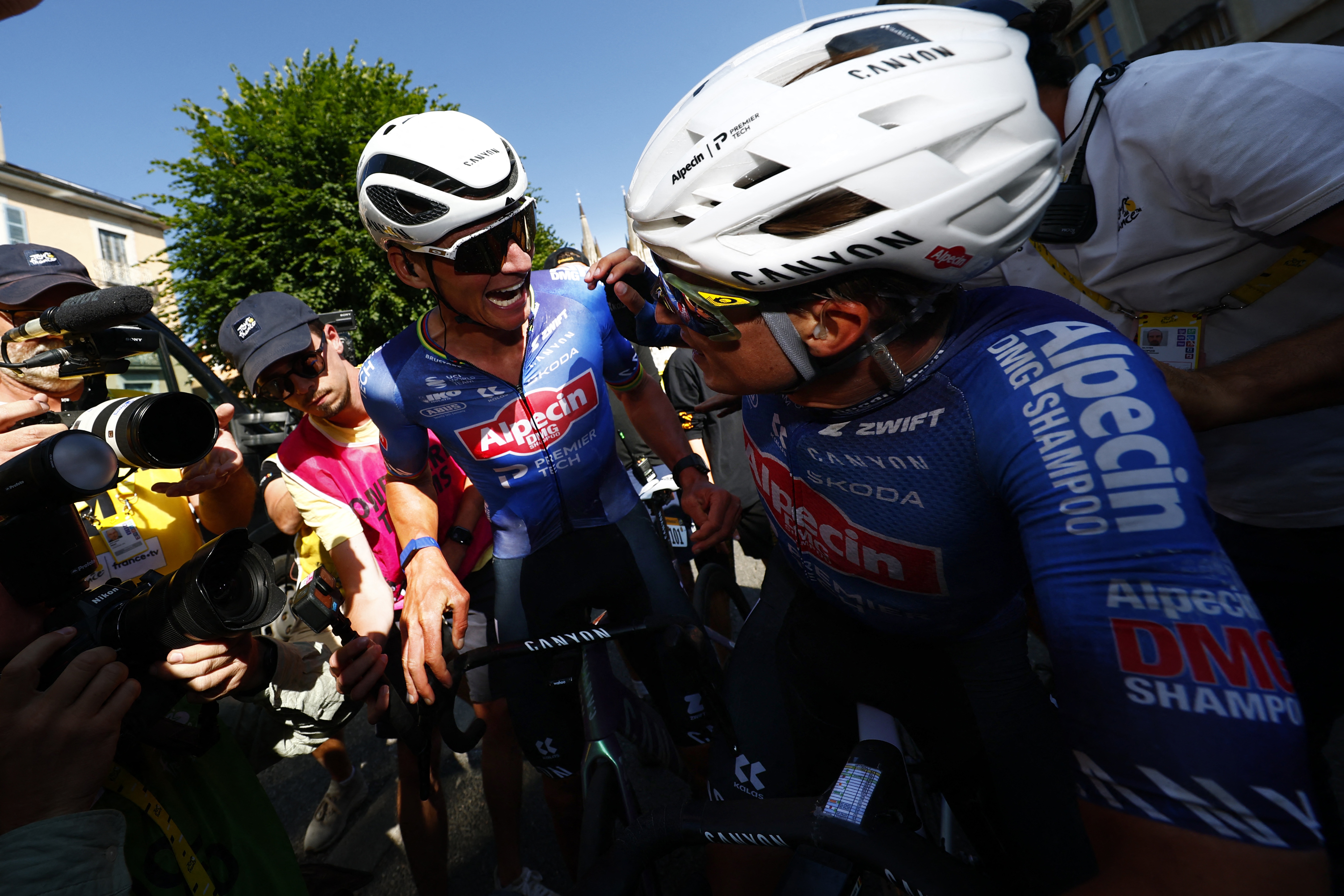 Belgian Jasper Philipsen of Alpecin-Premier Tech celebrates after winning stage 17 of the 2026 Tour de France cycling race, a stage of 175km from Chambery to Voiron, on Wednesday 22 July 2026. The 113th edition of the Tour de France starts on Saturday 4 July in Barcelona, Spain, and will finish in Paris, France on the 26th of July.BELGA PHOTO POOL LUCA BETTINI (Photo by POOL LUCA BETTINI / BELGA MAG / Belga / AFP via Getty Images)