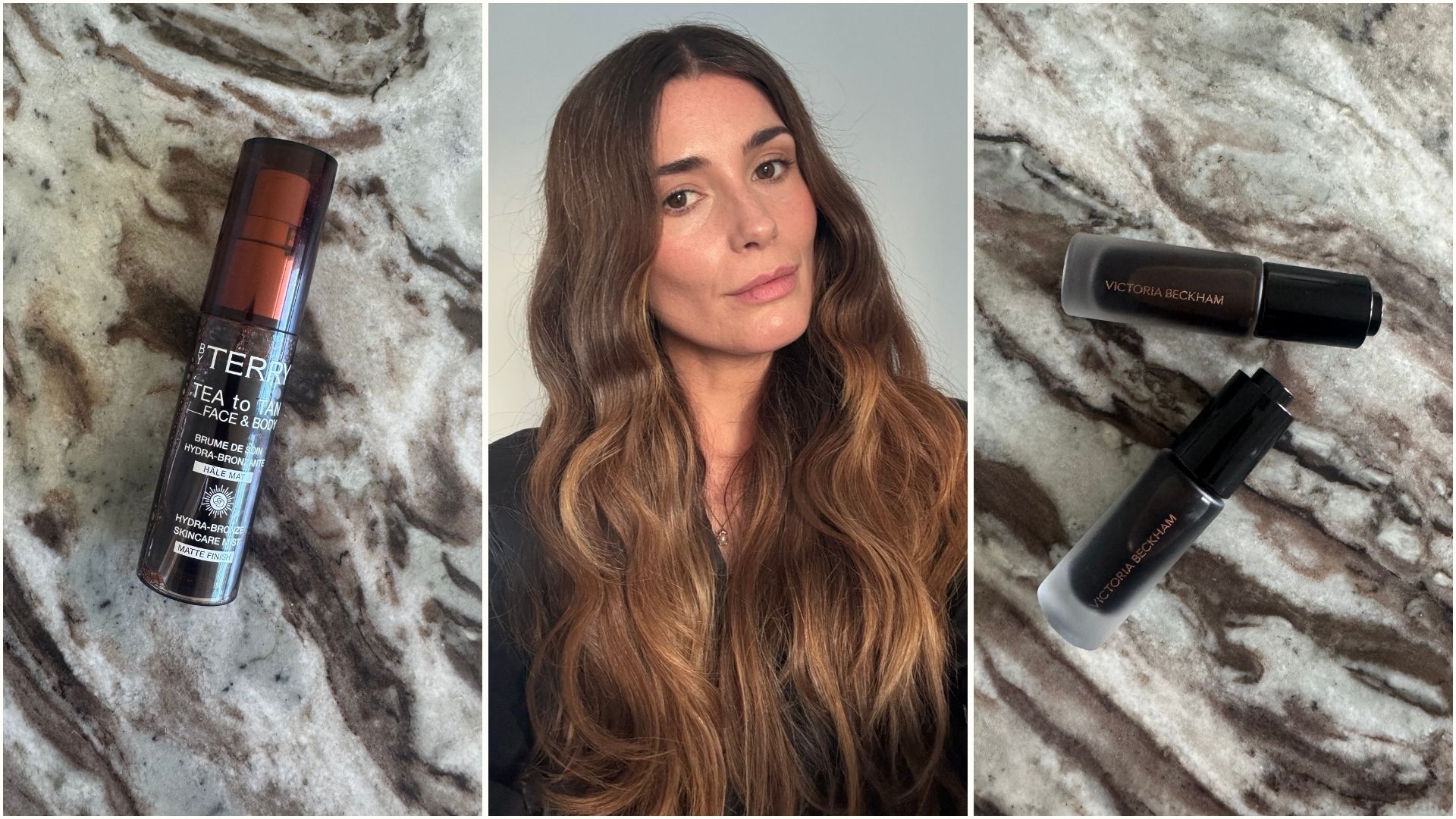 A collage featuring bronzer waters and a photo of beauty editor Eleanor Vousden