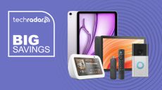 Collage of iPad Air, Amazon Fire tablet, Echo Show, Fire TV Stick and Ring Video Doorbell on a purple background next to TechRadar big savings badge