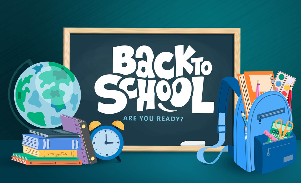 Illustrated school items with a blackboard and the text &#039;back to school, are you ready?&#039;