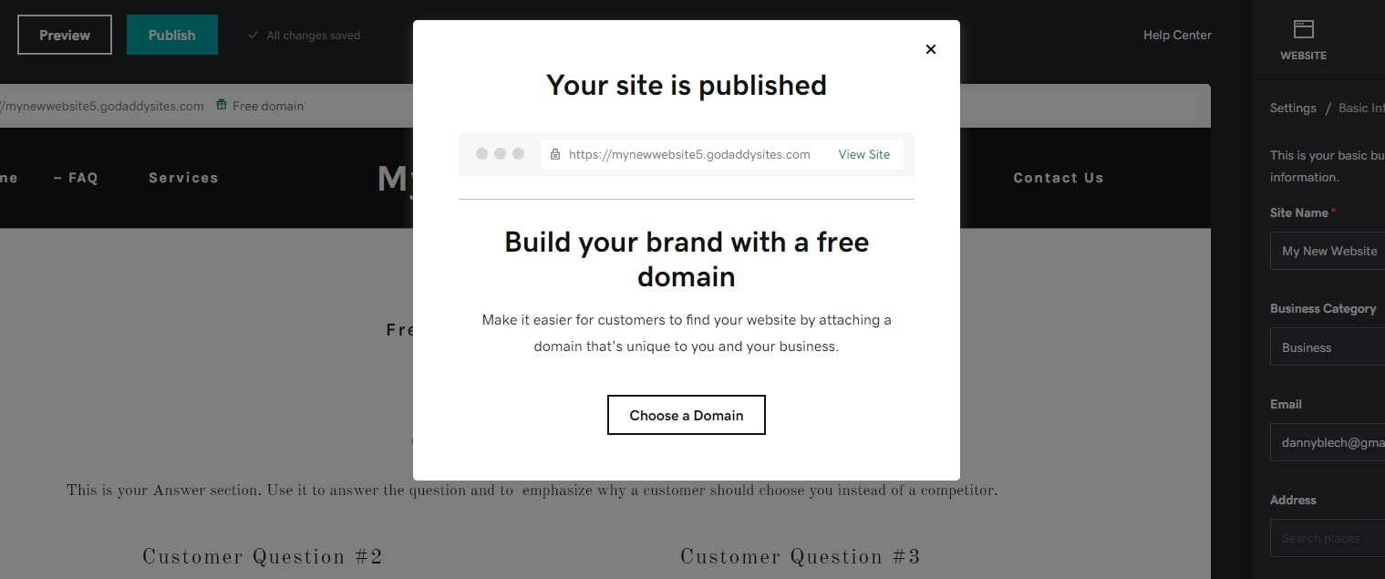 GoDaddy's website builder window confirming site publication