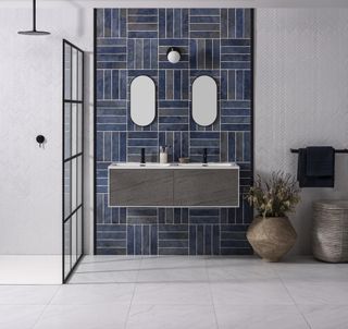 blue basket weave backsplash in bathroom by Original Style