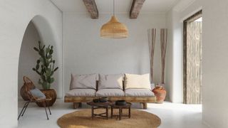 A zen living room with natural materials, natural lighting and rounded shapes