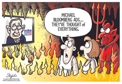 Political Cartoon U.S. Bloomberg ads millions hell torture facebook TV