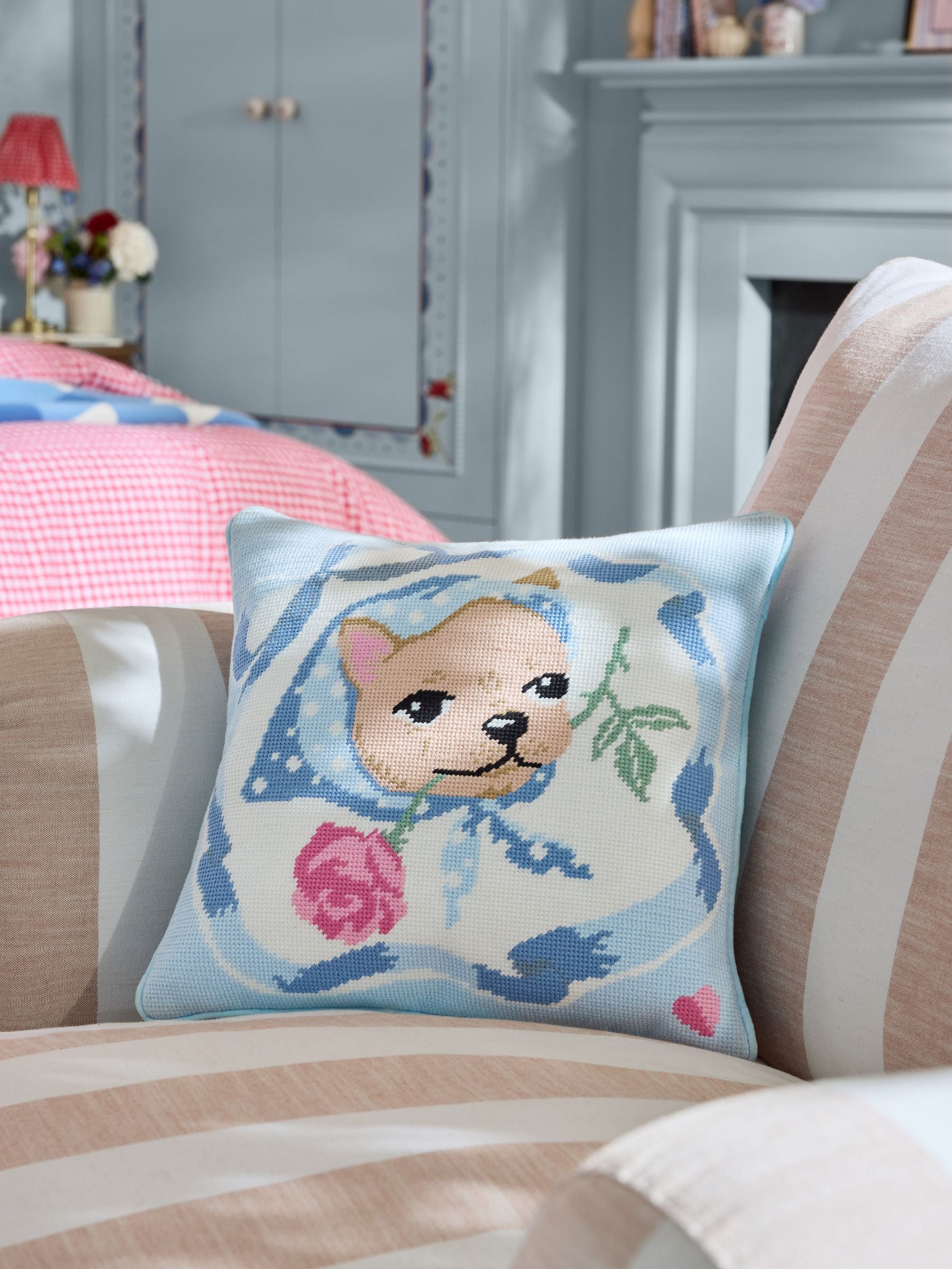 Cath Kidston Blue Needlepoint Dog Cushion - Size 35x35