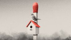 Illustration of a birdhouse mounted on a matchstick